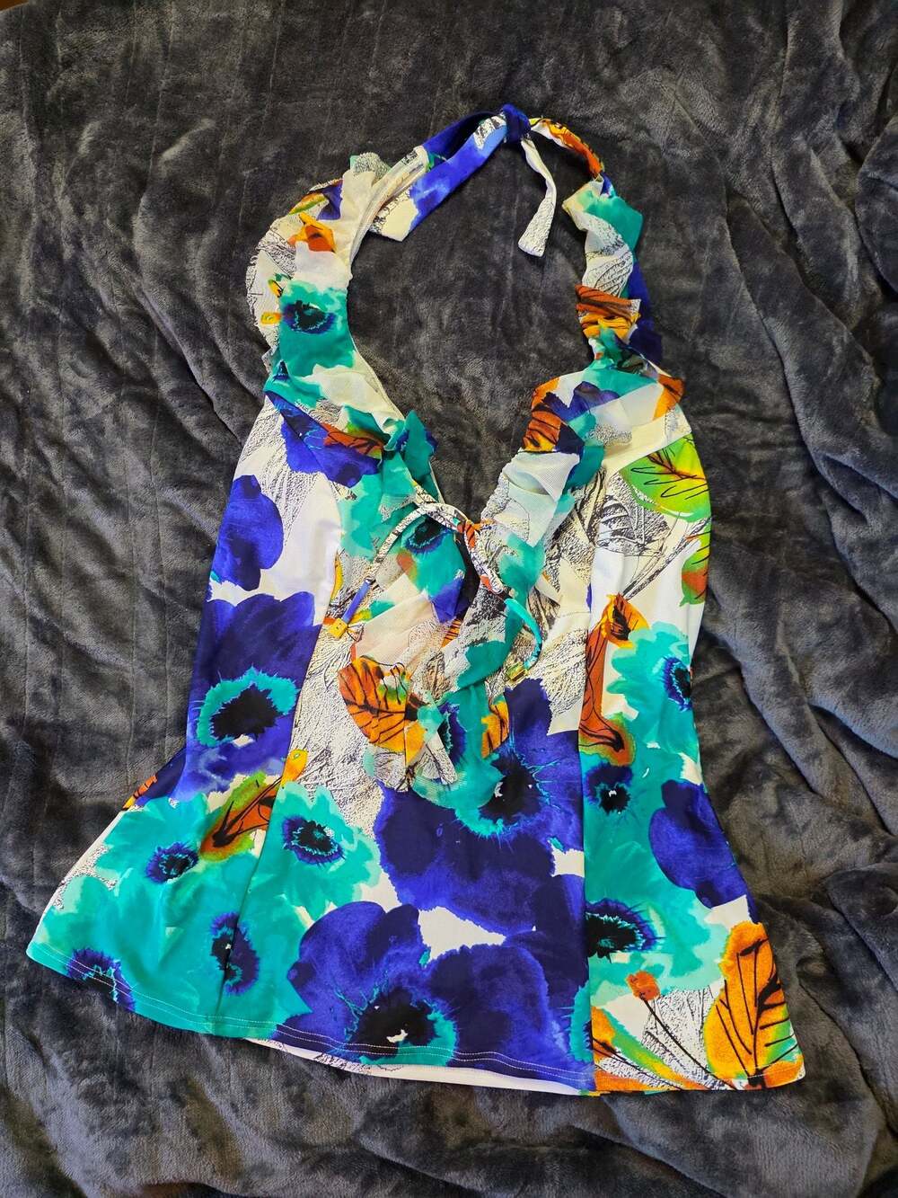 Be Creative Floral Print Ruffle Halter Tankini Top Size 14D